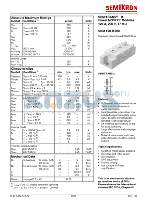 SKM120B020 datasheet - SEMITRANS^ M Power MOSFET Modules 120 A, 200 V, 17 mY