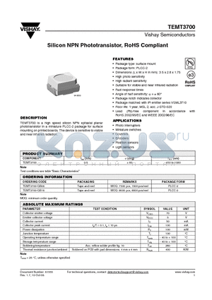 TEMT3700-GS08 datasheet - Silicon NPN Phototransistor, RoHS Compliant