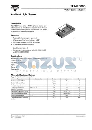 TEMT6000 datasheet - Ambient Light Sensor