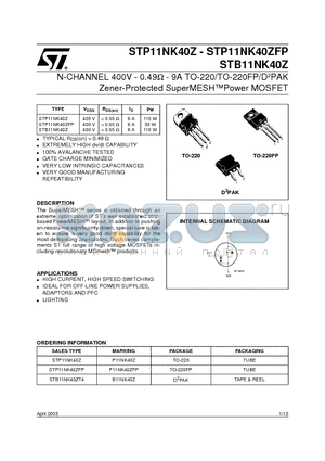 STP11NK40Z datasheet - N-CHANNEL 400V - 0.49ohm - 9A TO-220/TO-220FP/D2PAK Zener-Protected SuperMESHPower MOSFET
