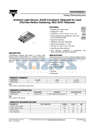 TEMT6000X01 datasheet - Ambient Light Sensor, RoHS Compliant, Released for Lead (Pb)-free Reflow Soldering, AEC-Q101 Released