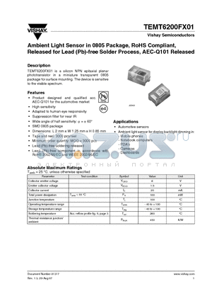 TEMT6200FX01 datasheet - Ambient Light Sensor in 0805 Package, RoHS Compliant, Released for Lead (Pb)-free Solder Process, AEC-Q101 Released
