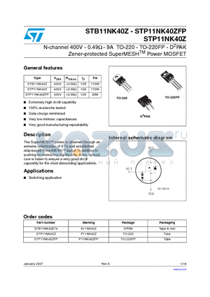 STP11NK40ZFP datasheet - N-channel 400V - 0.49Y - 9A TO-220 - TO-220FP - D2PAK Zener-protected SuperMESHTM Power MOSFET