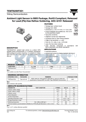 TEMT6200FX01 datasheet - Ambient Light Sensor in 0805 Package, RoHS Compliant, Released for Lead (Pb)-free Reflow Soldering, AEC-Q101 Released