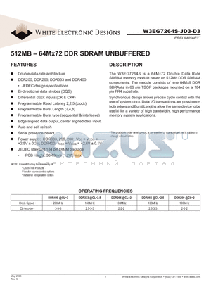 W3EG7264S-D3 datasheet - 512MB - 64Mx72 DDR SDRAM UNBUFFERED