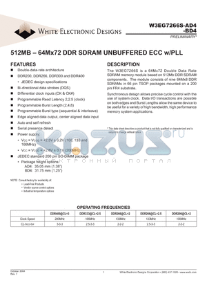 W3EG7266S-BD4 datasheet - 512MB - 64Mx72 DDR SDRAM UNBUFFERED ECC w/PLL