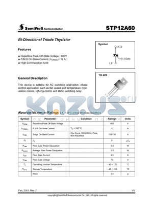 STP12A60 datasheet - Bi-Directional Triode Thyristor