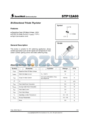 STP12A60 datasheet - Bi-Directional Triode Thyristor