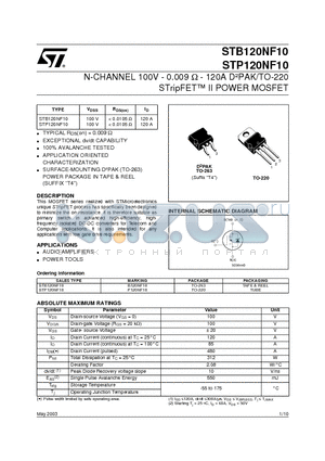 STP120NF10 datasheet - N-CHANNEL 100V - 0.009 W - 120A D2PAK/TO-220 STripFET II POWER MOSFET