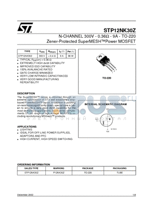 STP12NK30Z datasheet - N-CHANNEL 300V - 0.36ohm - 9A - TO-220 Zener-Protected SuperMESHPower MOSFET