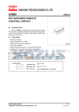 UT8803 datasheet - PIR INFRARED REMOTE CONTROL CIRCUIT
