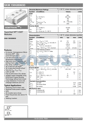 SKM150GB063D datasheet - Superfast NPT-IGBT Modules