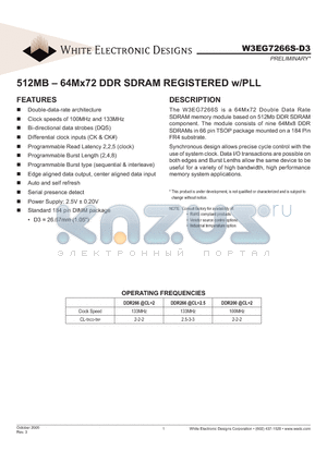 W3EG7266S265D3 datasheet - 512MB - 64Mx72 DDR SDRAM REGISTERED w/PLL