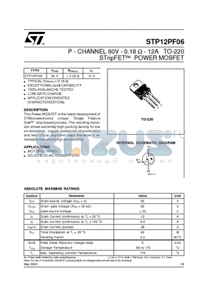 STP12PF06 datasheet - P - CHANNEL 60V - 0.18 ohm - 12A TO-220 STripFET POWER MOSFET