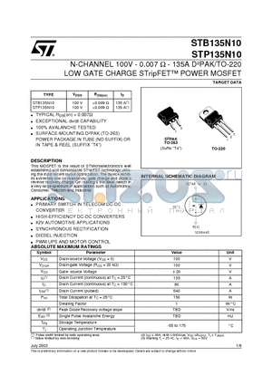 STP135N10 datasheet - N-CHANNEL 100V - 0.007 ohm - 135A DPAK/TO-220 LOW GATE CHARGE STripFET POWER MOSFET