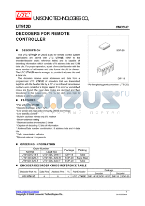 UT912D-S20-R datasheet - DECODERS FOR REMOTE CONTROLLER
