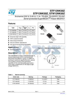 STP13NK50Z datasheet - N-channel 500 V, 0.40 Y, 11 A TO-220, TO-220FP, TO-247 Zener-protected SuperMESHTM Power MOSFET