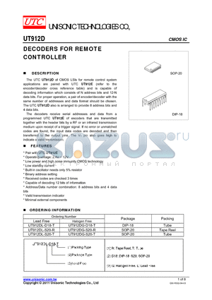 UT912DL-S20-R datasheet - DECODERS FOR REMOTE CONTROLLER