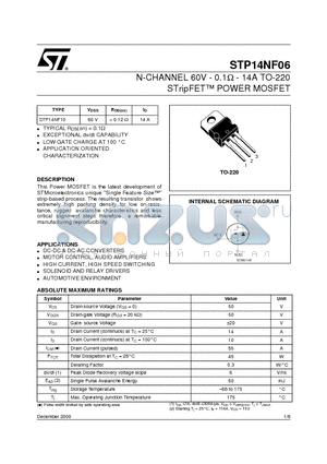 STP14NF06 datasheet - N-CHANNEL 60V - 0.1ohm - 14A TO-220 STripFET POWER MOSFET