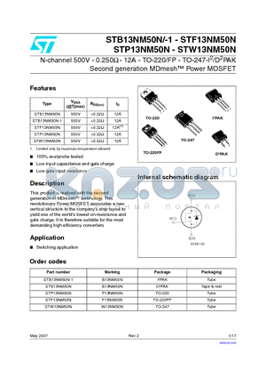 STP13NM50N datasheet - N-channel 500V - 0.250Y - 12A - TO-220/FP - TO-247-I2/D2PAK Second generation MDmesh Power MOSFET