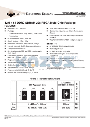 W3H32M64E-400ES datasheet - 32M x 64 DDR2 SDRAM 208 PBGA Multi-Chip Package