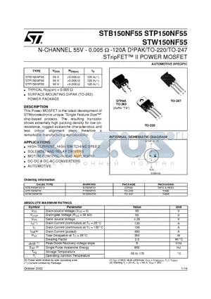 STP150NF55 datasheet - N-CHANNEL 55V - 0.005 ohm -120A DbPAK/TO-220/TO-247 STripFET II POWER MOSFET