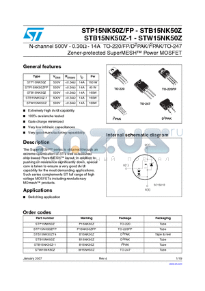 STP15NK50Z datasheet - N-channel 500V - 0.30Y - 14A TO-220/FP/D2PAK/I2PAK/TO-247 Zener-protected SuperMESH Power MOSFET