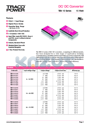 TEN15-1211 datasheet - DC/DC Converter