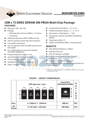 W3H32M72E-400SB datasheet - 32M x 72 DDR2 SDRAM 208 PBGA Multi-Chip Package