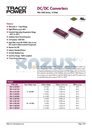 TEN15-2423WI datasheet - DC/DC Converters - TEN 15WI Series, 15 Watt