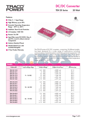 TEN20-1210 datasheet - DC/DC Converter - TEN 20 Series 20 Watt