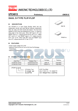 UTC4013L-P14-R datasheet - DAUL D-TYPE FLIP-FLOP