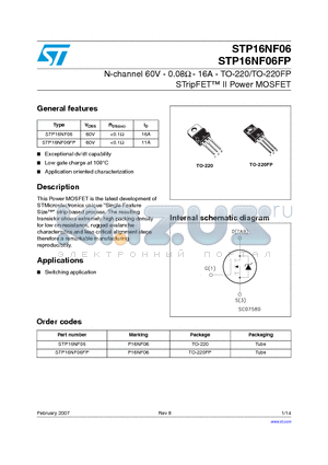 STP16NF06 datasheet - N-channel 60V - 0.08Y - 16A - TO-220/TO-220FP STripFET II Power MOSFET