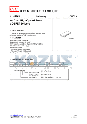 UTC4424L-S16-R datasheet - 3A Dual High-Speed Power MOSFET Drivers