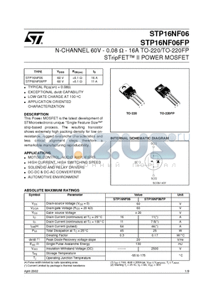 STP16NF06 datasheet - N-CHANNEL 60V - 0.08 ohm - 16A TO-220/TO-220FP STripFET II POWER MOSFET