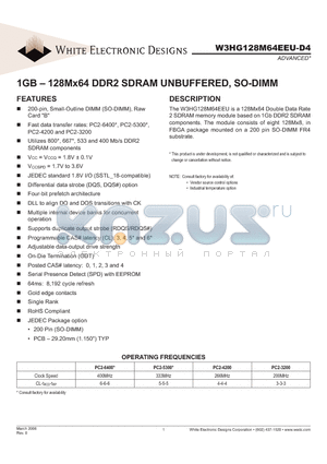 W3HG128M64EEU534D4XXG datasheet - 1GB - 128Mx64 DDR2 SDRAM UNBUFFERED, SO-DIMM