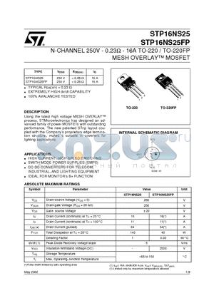 STP16NS25 datasheet - N-CHANNEL 250V - 0.23ohm - 16A TO-220 / TO-220FP MESH OVERLAY MOSFET