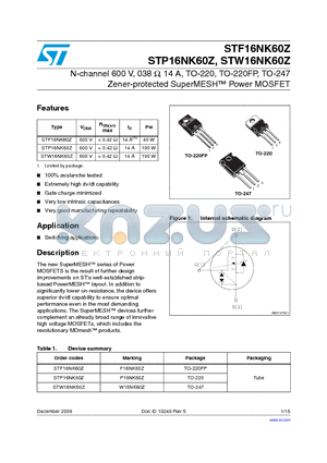 STP16NK60Z datasheet - N-channel 600 V, 038 Y, 14 A, TO-220, TO-220FP, TO-247 Zener-protected SuperMESH Power MOSFET