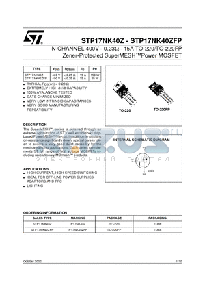 STP17NK40ZFP datasheet - N-CHANNEL 400V - 0.23ohm - 15A TO-220/TO-220FP Zener-Protected SuperMESHPower MOSFET