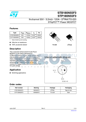 STP180N55F3 datasheet - N-channel 55V - 3.2mY - 120A - D2PAK/TO-220 STripFET Power MOSFET
