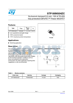 STP180NS04ZC datasheet - N-channel clamped 3.5 mY - 120 A TO-220 fully protected SAFeFET Power MOSFET