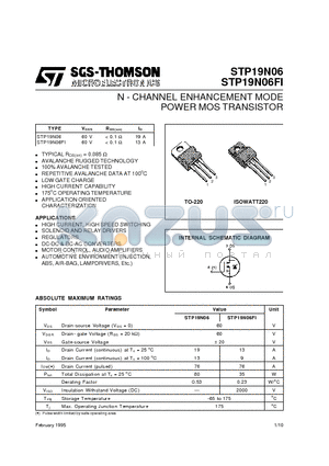 STP19N06FI datasheet - N - CHANNEL ENHANCEMENT MODE POWER MOS TRANSISTOR