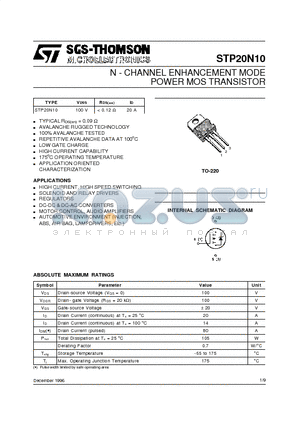 STP20N10 datasheet - N - CHANNEL ENHANCEMENT MODE POWER MOS TRANSISTOR