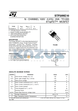 STP20NE10 datasheet - N - CHANNEL 100V - 0.07ohm - 20A - TO-220 STripFET MOSFET