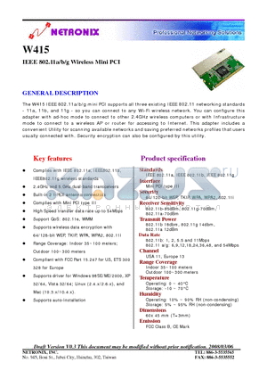 W415 datasheet - IEEE 802.11a/b/g Wireless Mini PCI