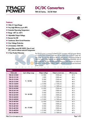 TEN25-1210WI datasheet - DC/DC Converters - TEN 25 Series, 25/30 Watt