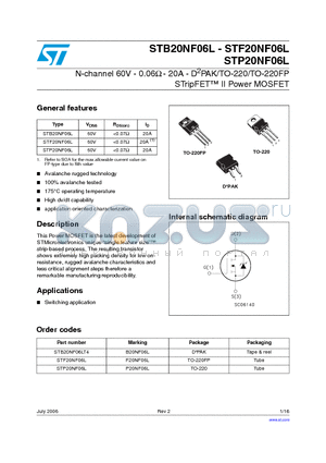 STP20NF06L datasheet - N-channel 60V - 0.06Y - 20A - D2PAK/TO-220/TO-220FP STripFET II Power MOSFET