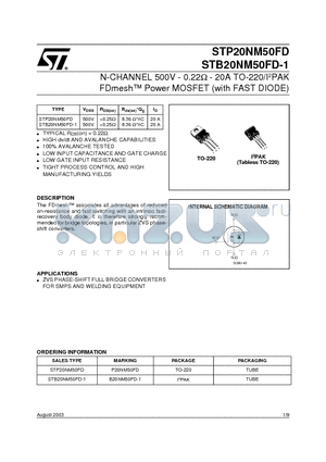 STP20NM50FD datasheet - N-CHANNEL 500V - 0.22ohm - 20A TO-220/I2PAK FDmesh Power MOSFET with FAST DIODE