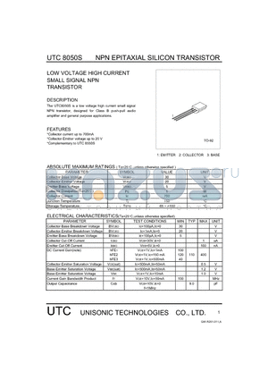 UTC8050S datasheet - LOW VOLTAGE HIGH CURRENT SMALL SIGNAL NPN TRANSISTOR