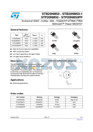 STP20NM50FP datasheet - N-channel 500V - 0.20Y - 20A - TO220/FP-D2PAK-I2PAK MDmesh Power MOSFET